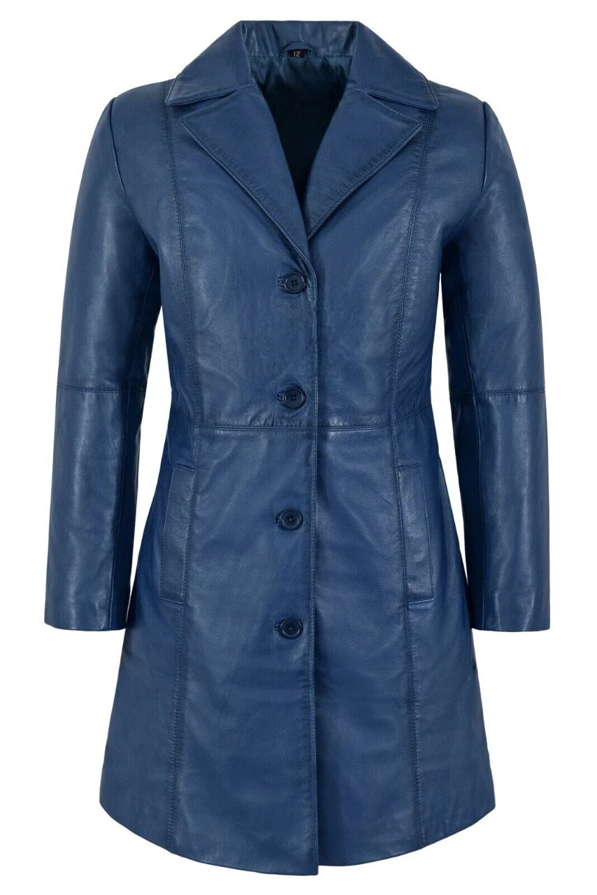 Ladies & Womens Blue Genuine Lambskin Leather Knee Length Classic Trench Coat