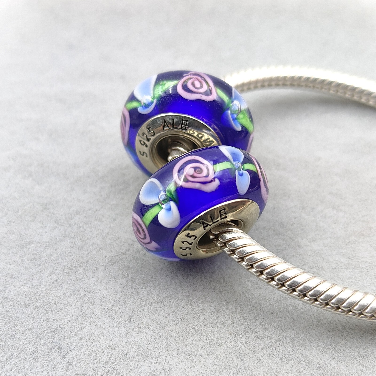 2pcs Genuine Colorful Floral Murano Beads with 925 Sterling Silver Charm