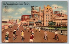 Postcard New Jersey Atlantic City Morning Bicycling on Boardwalk c1943 15F