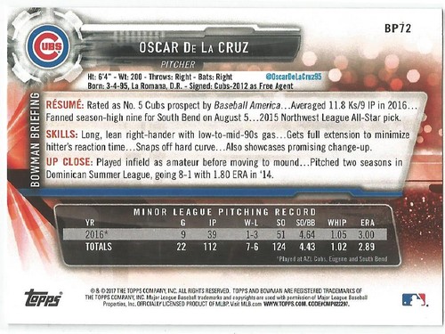 Béisbol Bowman Oscar De LA Cruz Chicago Cubs 2017 - Imagen 2 de 2