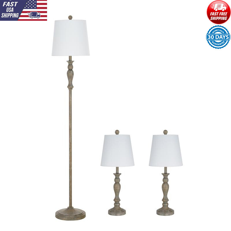 Modern Farmhouse 3-Pack Table & Floor Lamp Set White Drum Shades Wood Finish New
