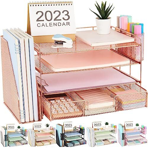 gianotter Paper Letter Tray Organizer with File Holder, 4-Tier Desk Rose Gold