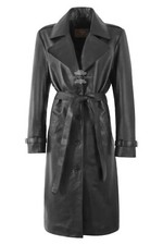 Women's Oversized Trench Coat Black Leather Lapel Collar Knee Length Coat Jacket
