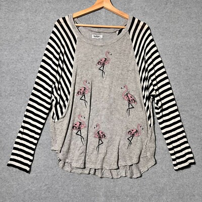 Lauren Moshi Oversized Whimsigoth Boho Sweater Flamingo Black Stripes Wm M/L