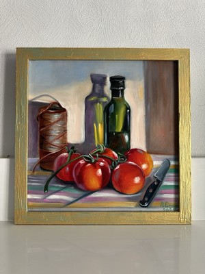 original oil painting, still life, tomatoes, olive oil, 35x35,Gift, Wall Art