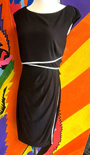 Chaps Women's Sheath Dress M Black/White Trim Solid Boat Neck Knee Length