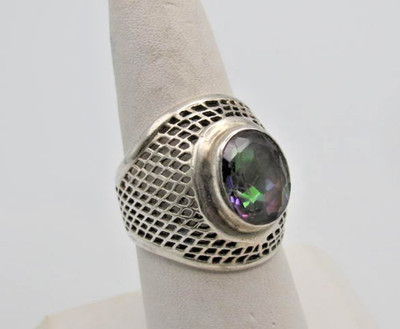 Vtg Sterling Silver Band Ring 7/8'' Wide Oval Mystic Topaz Open Work Sz 8 6.1gr
