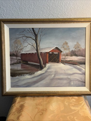 #ad Vintage Oil Painting Of A Covered Bridge In Winter Landscape Signed Campbell $150.00