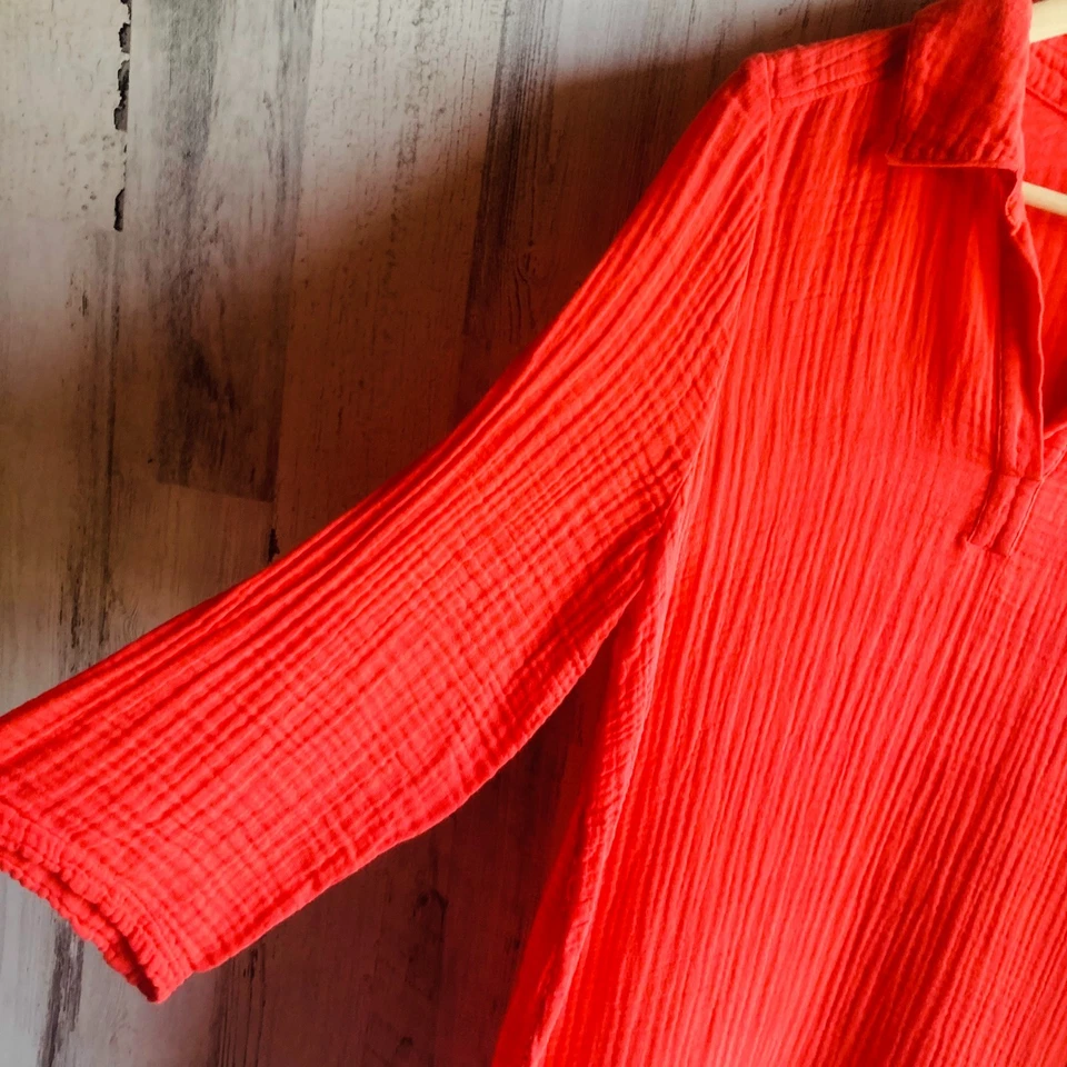 NWOT $178 Michael Stars Gauze Dress XS Shift Red Henley Casual Boho 3/4 Sleeve - Image 3 of 4