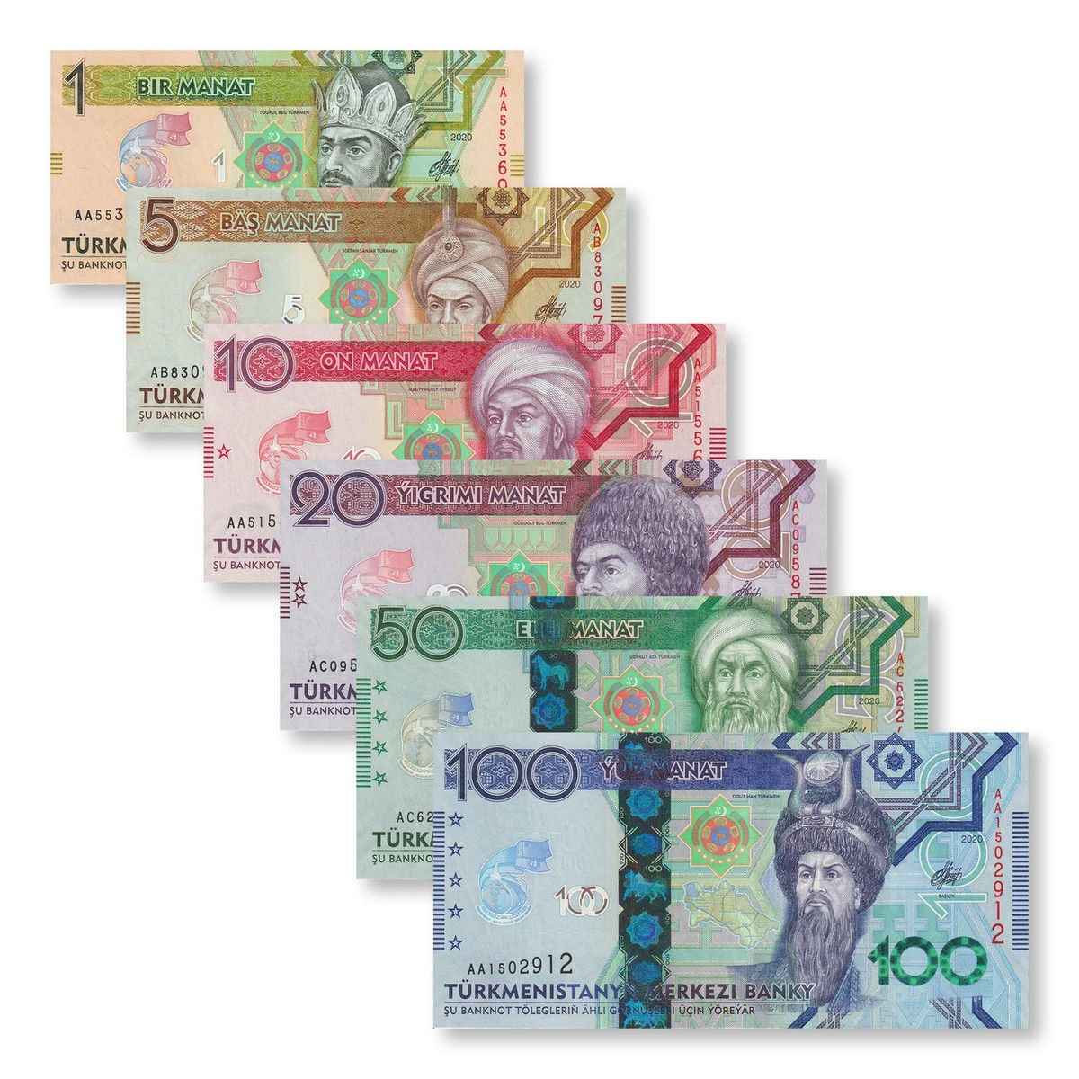 未 トルクメニスタン 1〜100マナト 旧紙幣 コンプリートセット Turkmenistan Full Commemorative Set: 1–100 Manat, 2020, B234–B239