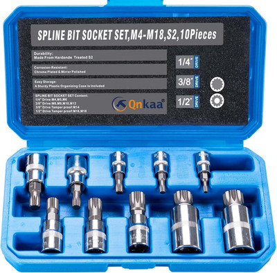 Qnkaa Spline Socket Bit Set 10Pcs Square Triple Silver M4 - M18