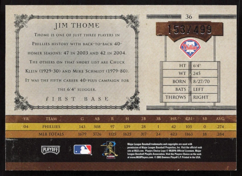 Jim Thome 2005 Playoff Prime Cuts #36 #/499 - Philadelphia Phillies - Image 2 of 2