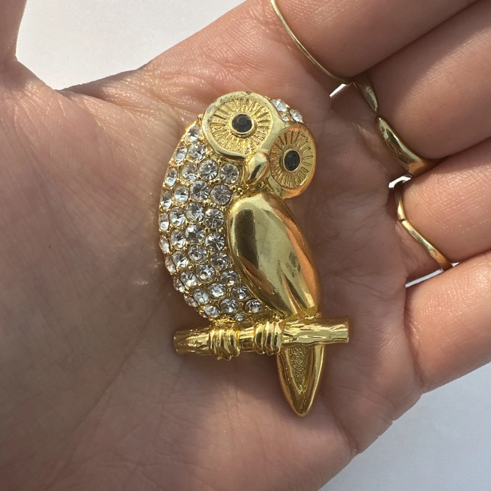 Broche Chouette, Dorée, Strass Blanc Bijoux Fantaisie
