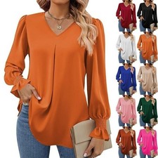 Lady V-neck Tops Pullover Shirts Blouse Autumn Long Sleeved Casual Chiffon Sizes