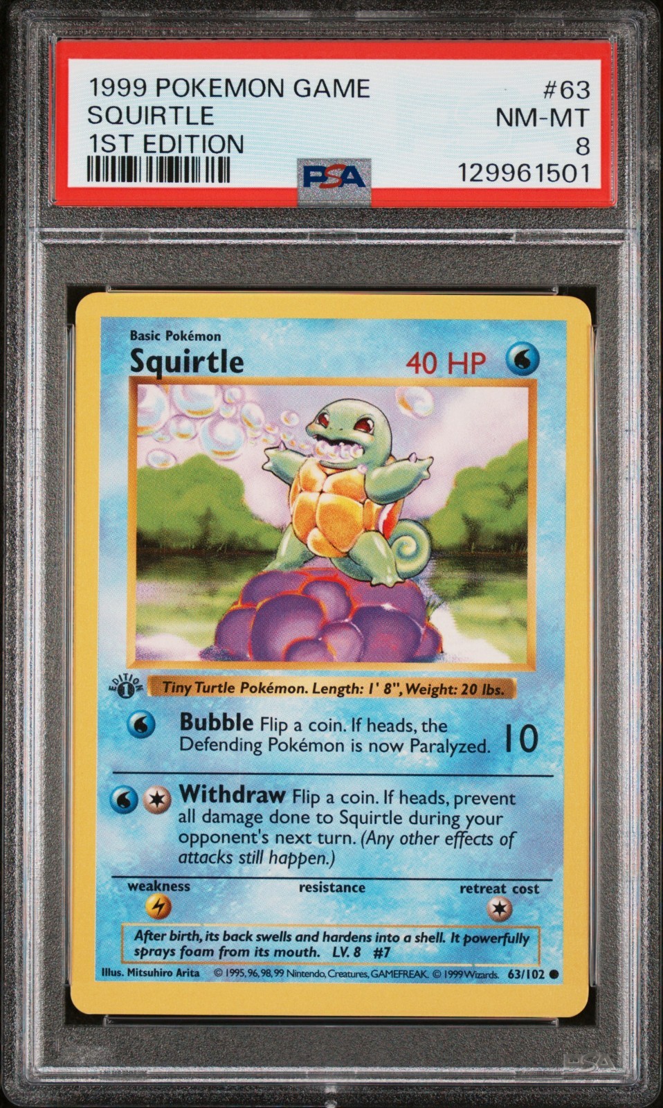 1999 Pokemon Base Basic 1st Edition Squirtle 63 PSA 8 NEAR MINT-MINT