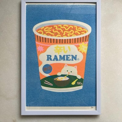 Ramen Cat Riso Risograph  8x12'' Asian Art Print - Signed by Naomi Wilkinson