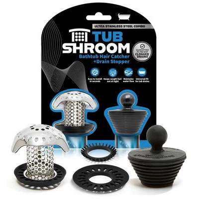 TubShroom® Ultra (Stainless) Strainer Plus StopShroom® Plug Combo for Tub Drains - Image 1 of 4