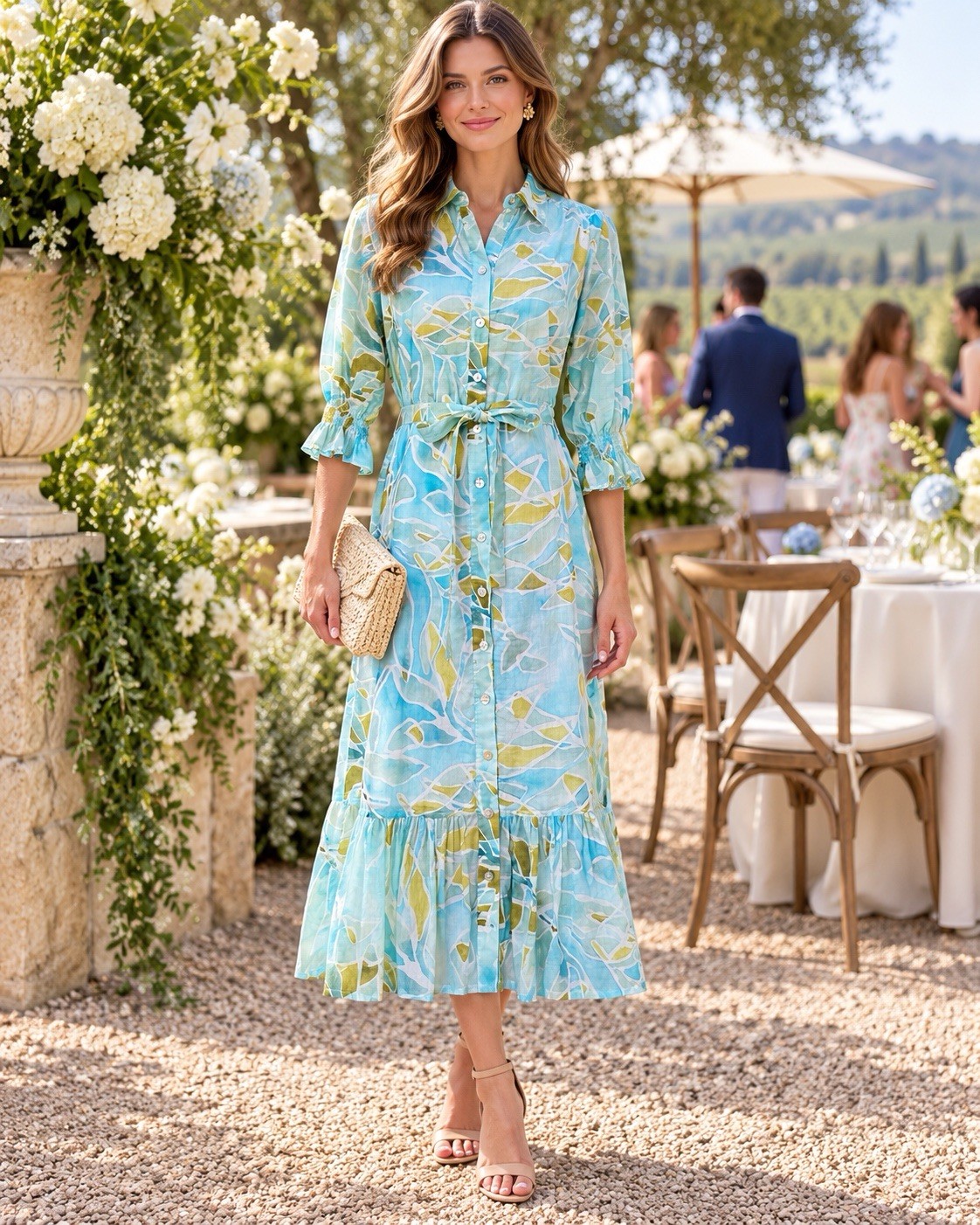Camisa Botánica Finley XS Azul Verde Vestido Volantes Cinturón Botón en Niveles EE. UU. Aqua