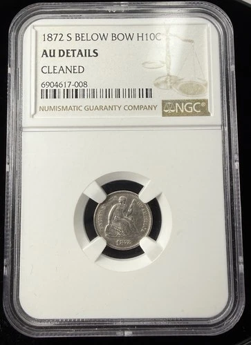1872 S Seated Liberty Half Dime S Below Bow H10c- NGC AU Details R.-4.4