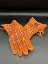 VINTAGE KIDS CHILD WESTERN RAWHIDE GLOVES FRINGE STUDDED STAR GAUNTLETS Large