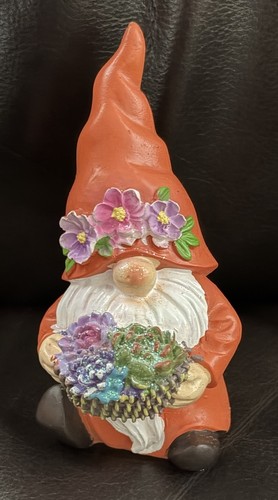 6-7" Orange Garden Gnome Figurine Flowers Succulents Glitter Spring Decor