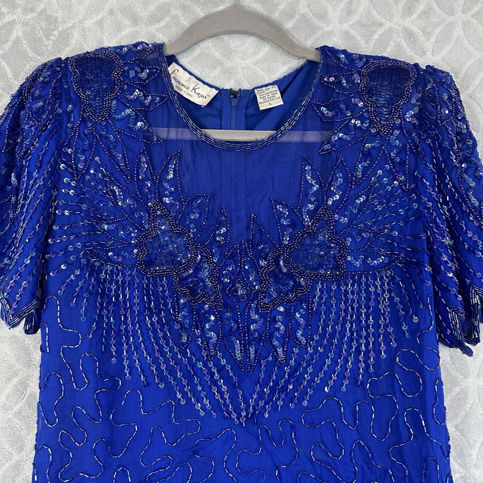 Vtg Laurence Kazar Dress Large Blue 100% Silk Sequin Bead Cocktail Party Flapper