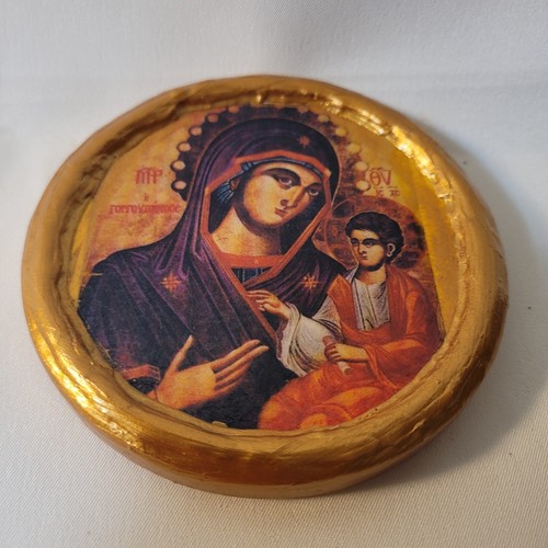 Virgin Mary Jesus Madonna Child Gorgoepikoos Catholic Greek Orthodox Round Icon - Picture 3 of 5