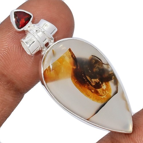 Natural Montana Agate - USA & Garnet 925 Sterling Silver Pendant Jewelry CP66690
