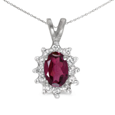 14k Weißgold ovaler Rhodolith Granat und Diamant Anhänger mit 18'' Kette