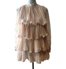 Victorian Style Lace Sleeves Tiered Pleated Ruffle High Neck Blouse Top Medium?