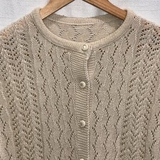 VTG Beige Cardigan Womens S/M Cable Knit Pearl Button Up Demure Granny Cottage