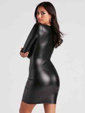 Black Matte Leather Mini Dress Women Bodycon PU Long Sleeve Dress Party Sexy