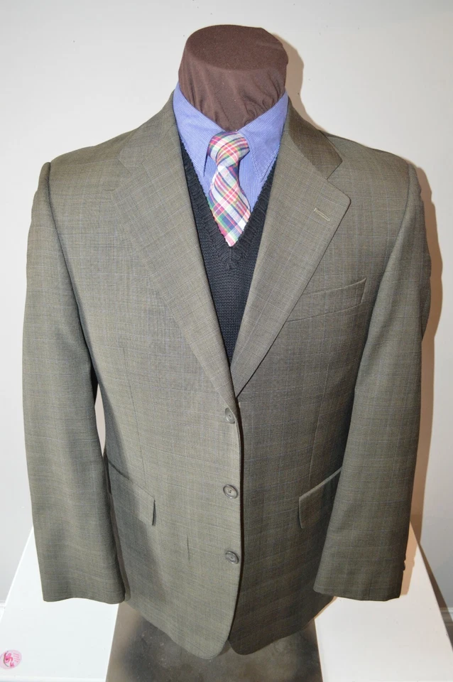 Jack Victor mens 3btn olive plaid blue windowpane sport coat jacket blazer z 42R - Image 2 of 4