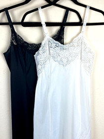 2 VTG Olga & Wandermaid 1980s Full Slip Black White Lace 34 A Antron Nylon