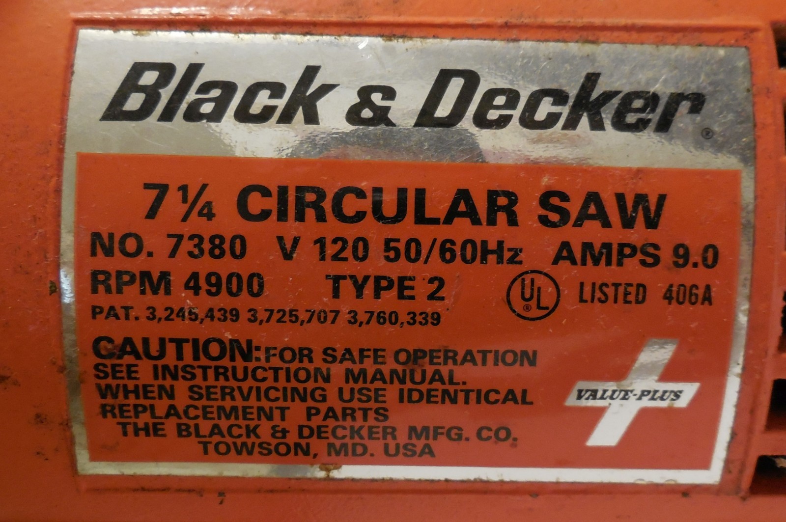 B + D Black and Decker 7 1/4" Circular Saw 9 Amps 4900 RPM Model 7380