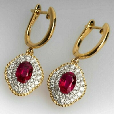 2.Ct Oval Simulated Cut Red Ruby Drop-Dangle Earring 4K Yellow Gold Plated