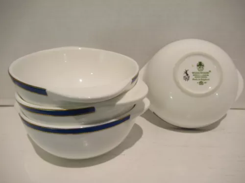 Wedgewood Bone China 4 Metallised Bowls White w Blue & Gold Trim England