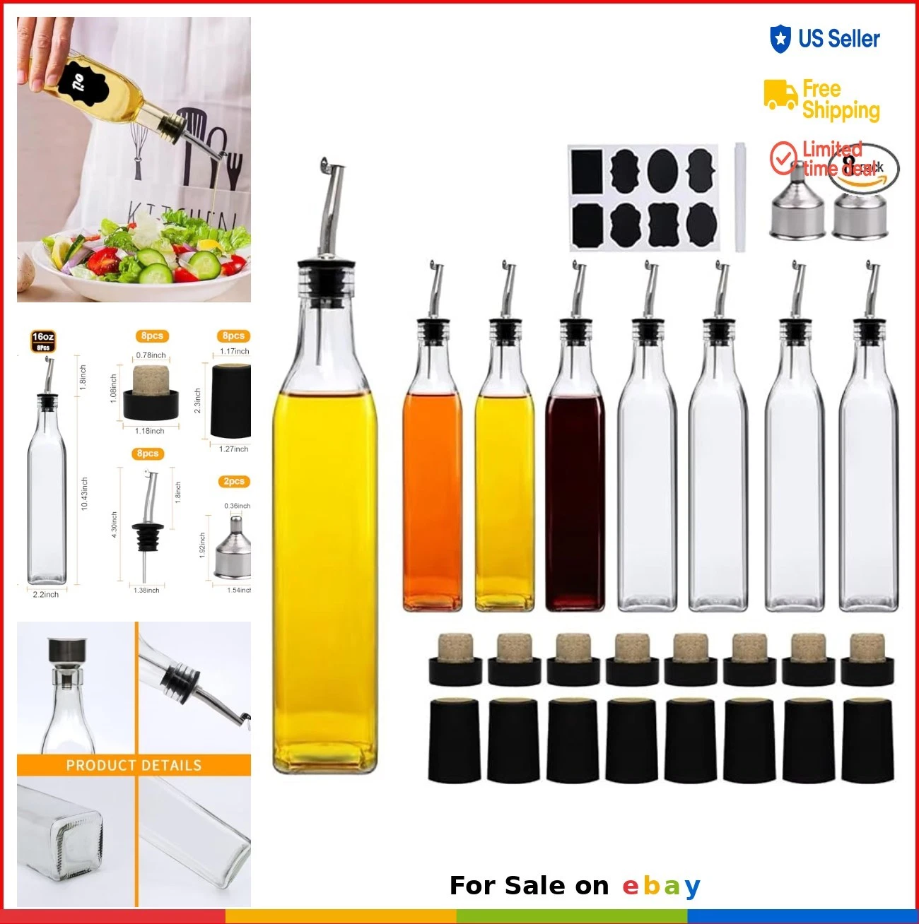 8 Pack 17oz Glass Oil Dispenser Bottles with Pourers and Airtight Caps for