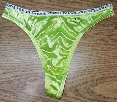 Vintage Y2K Joe Boxer Second Skin Satin Thong NEON LIME GREEN YELLOW Winking M