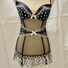 Vintage Victorias Secret Bustier Corset Black with Polka Dots and Garters Sz 34C