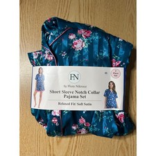 New womens Flora Nikrooz 2pc Satin short sleeve pajama set Dark Green Pink large