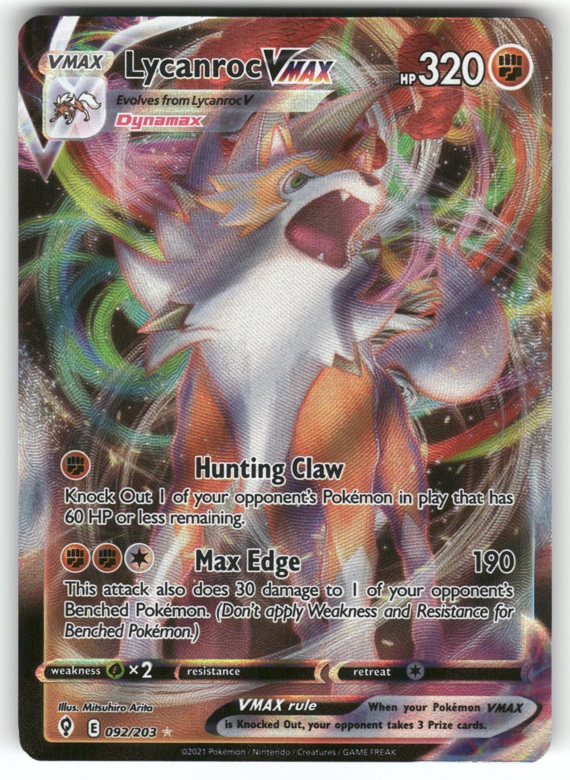 Lycanroc VMAX 092/203 Holo VMAX Rare Evolving Skies Pokemon Near Mint