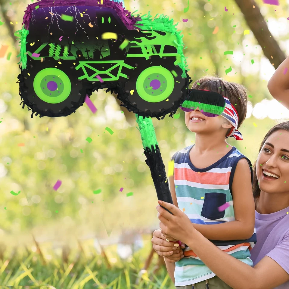 Monster Truck verde y púrpura piñata coche piñata con palo y venda para... Foto 4 de 4