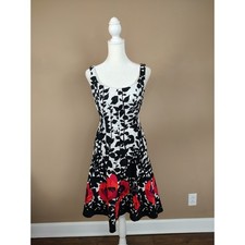 Nine West Womens Size 2 Black White Red Floral Poppy Leaf Fit Flare Dress