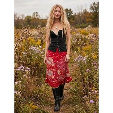 Vintage 90s Y2K Bohemian Floral Patchwork Midi Skirt Silky Ruffle Size Large
