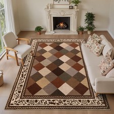 Boho Brown Washable Area Rugs for Living Room 5x7Ft, Soft Trellis Checkered B...