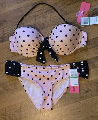 NWT Betsey Johnson Pink Black Polka Dot Bikini Set Large Duo Dot