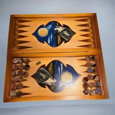 Backgammon Game Wolves/coyote Handmade Handpainted Handcarved Wooden Velvet Moon