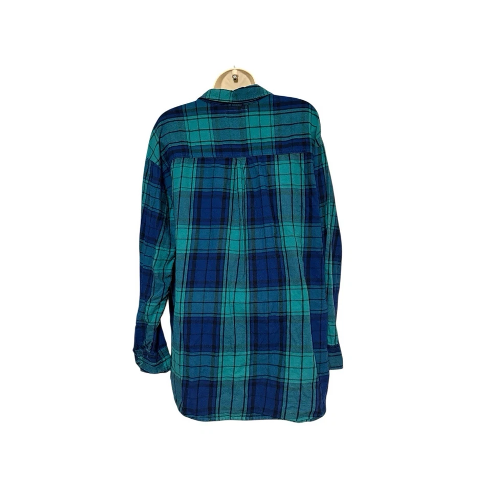 Camisa de franela a cuadros Old Navy Boyfriend L grande azul verde algodón abotonada Foto 4 de 4