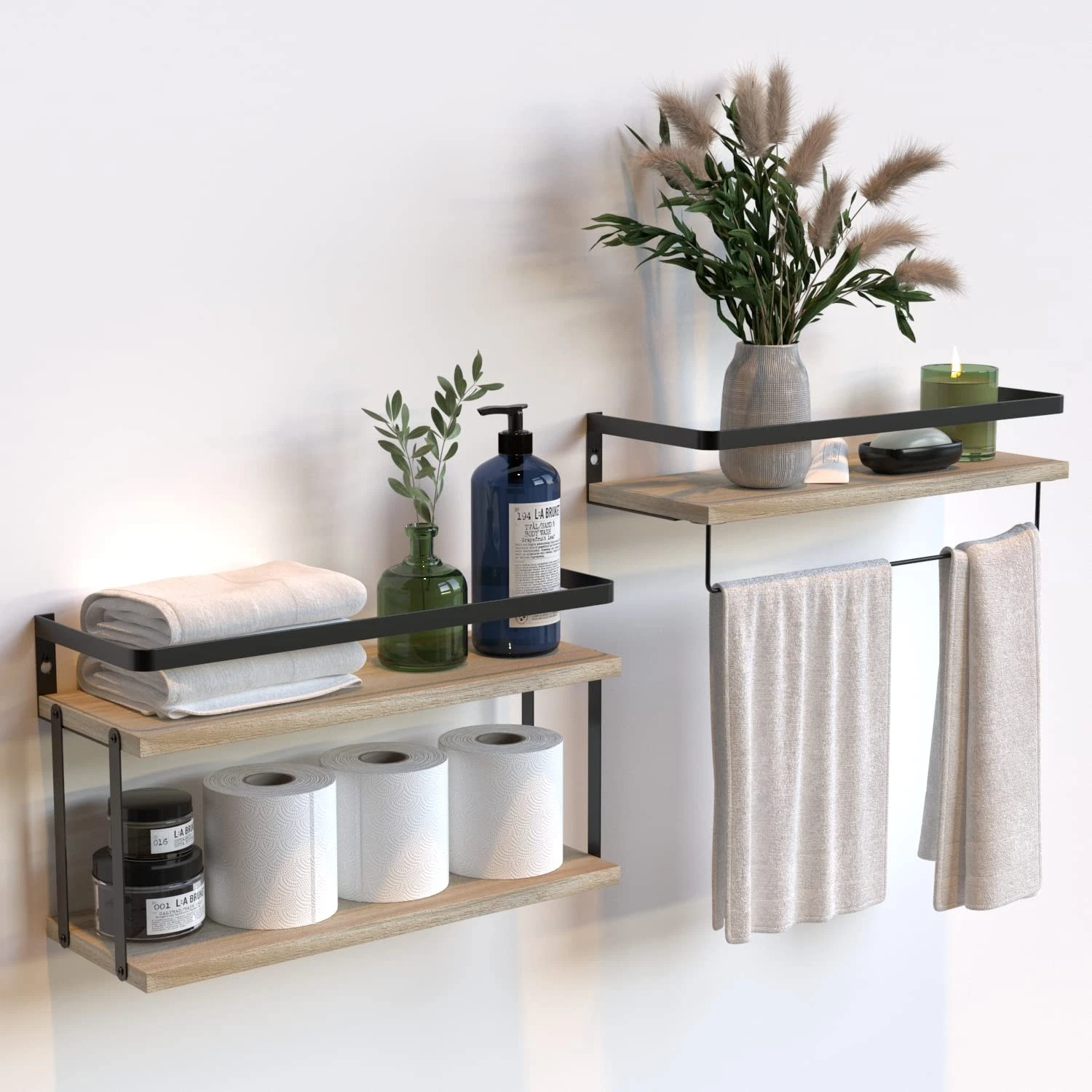 2 PCS 2+1 Tier Wall Mounted Floating Shelves Rustic Wood Metal Frame Rack